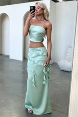 Raima Satin Ruffle Maxi Skirt - Green