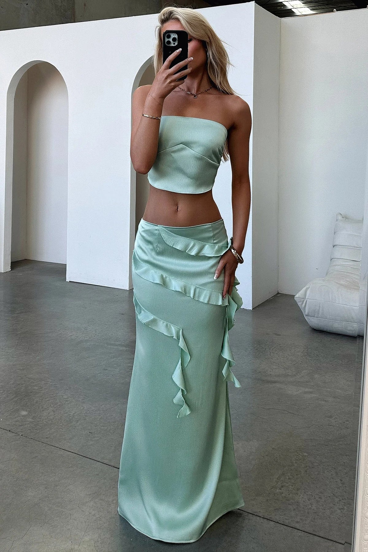Raima Satin Ruffle Maxi Skirt - Green