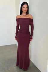 Rowan Long Sleeve Mesh Maxi Dress -  Brown